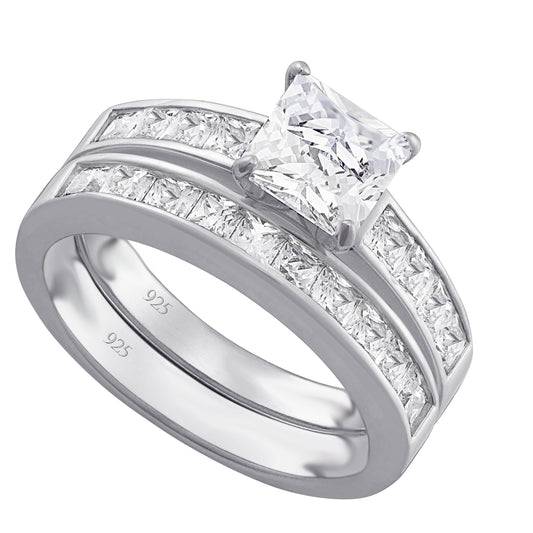 1 Carat Princess Cut CZ Sterling Silver Wedding Engagement Ring Set