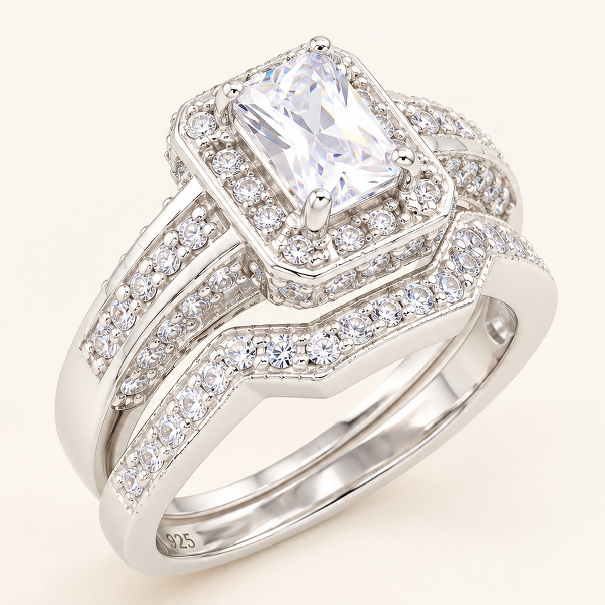 1 Carat Emerald Cut Cubic Zirconia Wedding Ring Set Sterling Silver