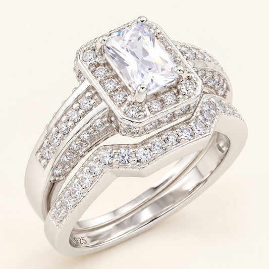 1 Carat Emerald Cut Cubic Zirconia Wedding Ring Set Sterling Silver