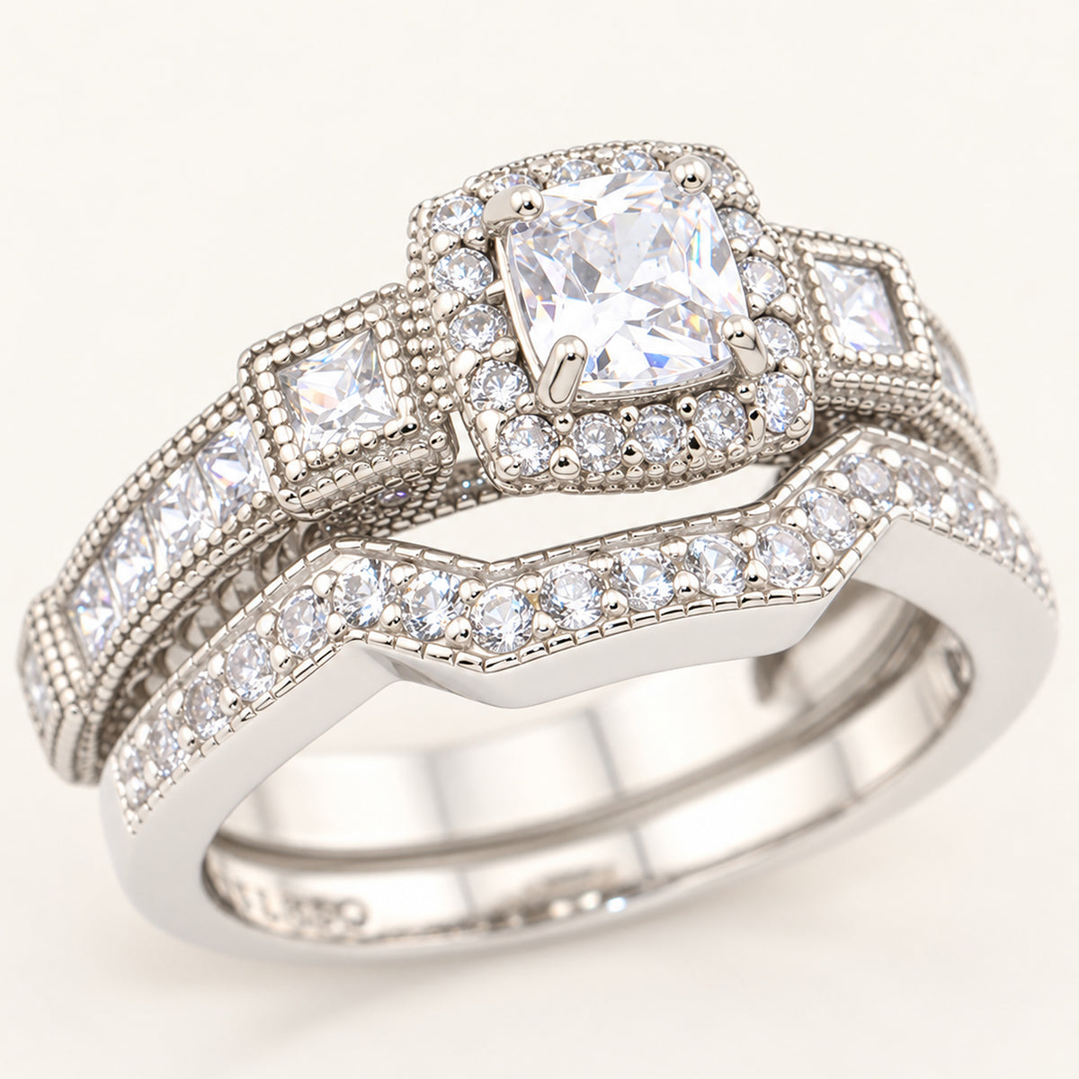 1 Carat Princess Cut Unique Vintage CZ Wedding Engagement Ring Set