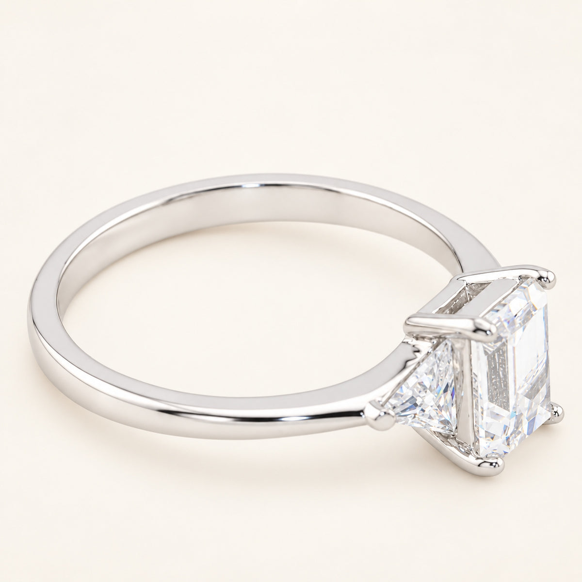 3/4 Carat Emerald Cut Cubic Zirconia 3 Stone Sterling Silver Engagement Ring