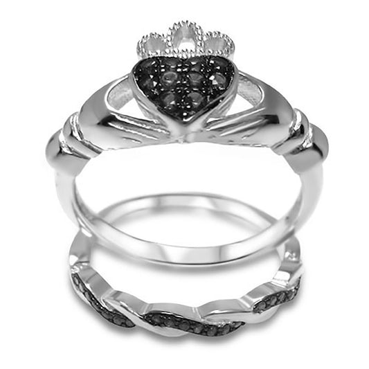Black White CZ Sterling Silver Unique Wedding Ring Set for Women
