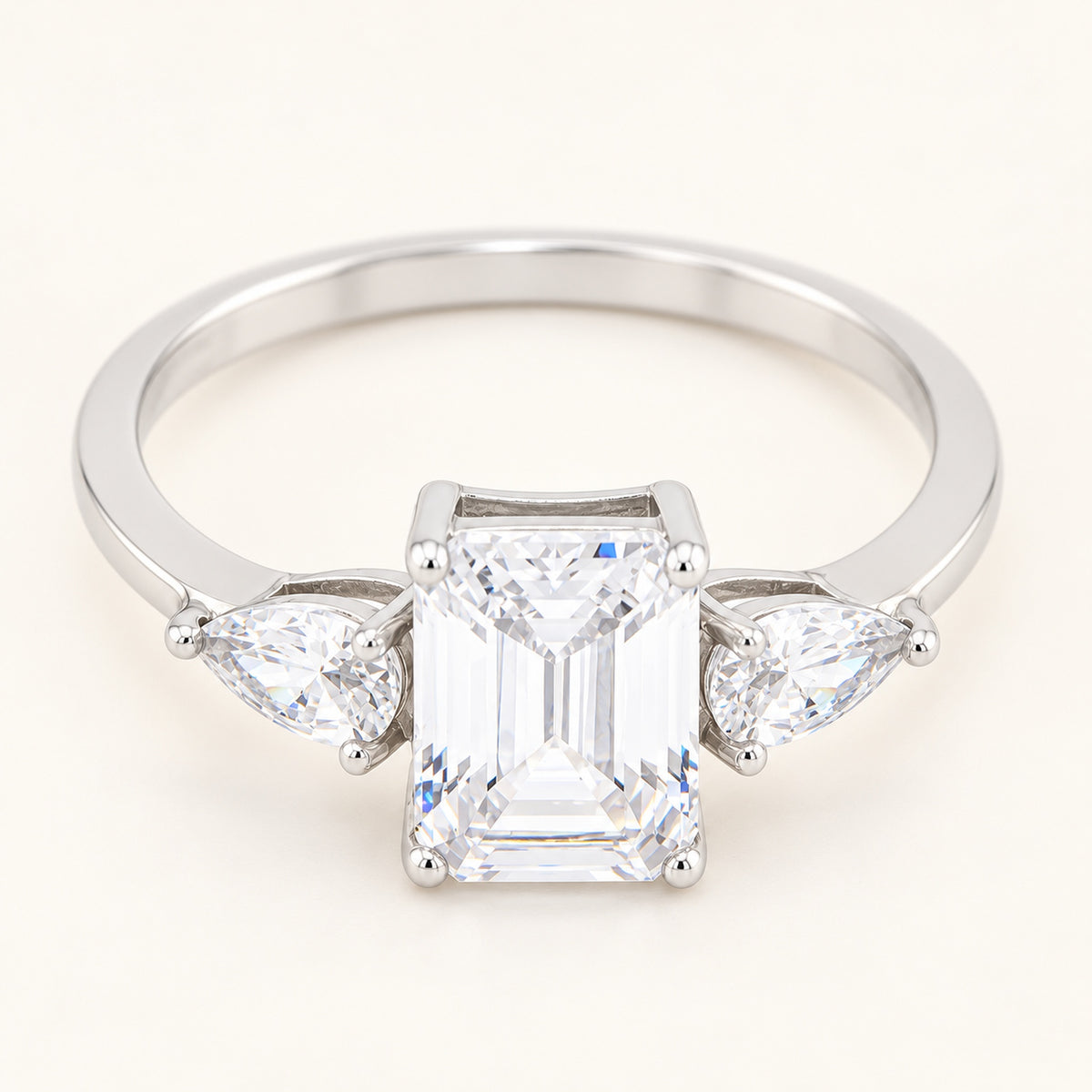 Emerald Cut Three Stone Cubic Zirconia Sterling Silver Engagement Ring