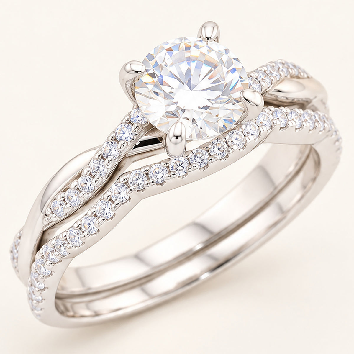 Realistic 3/4 Carat Round Brilliant Cubic Zirconia Wedding Ring Set in Silver