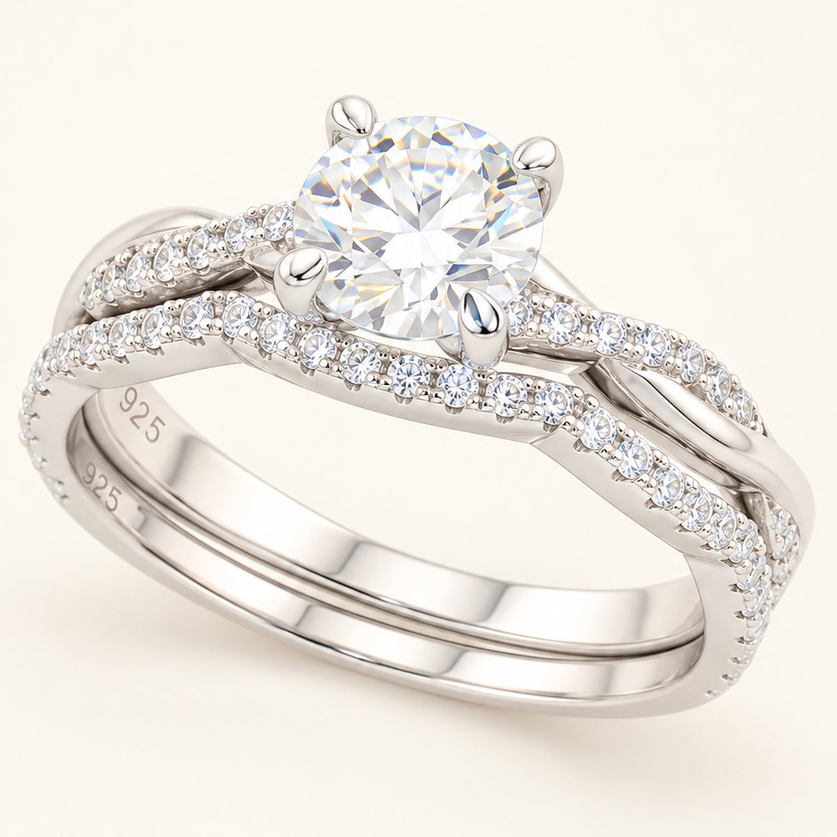Realistic 3/4 Carat Round Brilliant Cubic Zirconia Wedding Ring Set in Silver