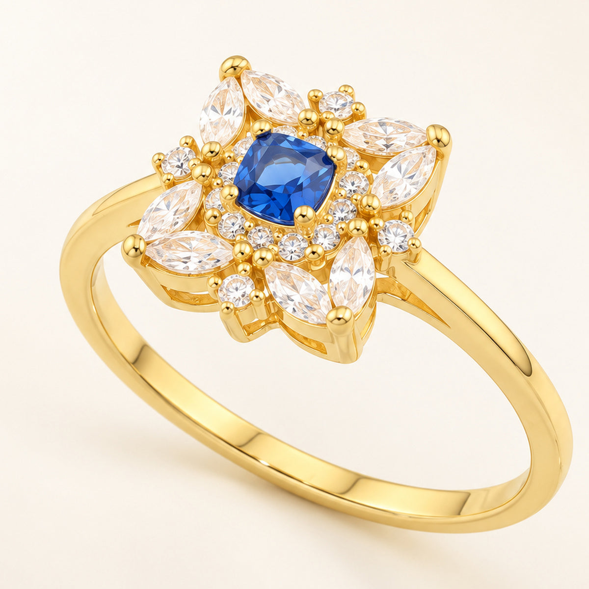Vintage Style Simulated Sapphire Blue CZ Gold Plated Silver Ring