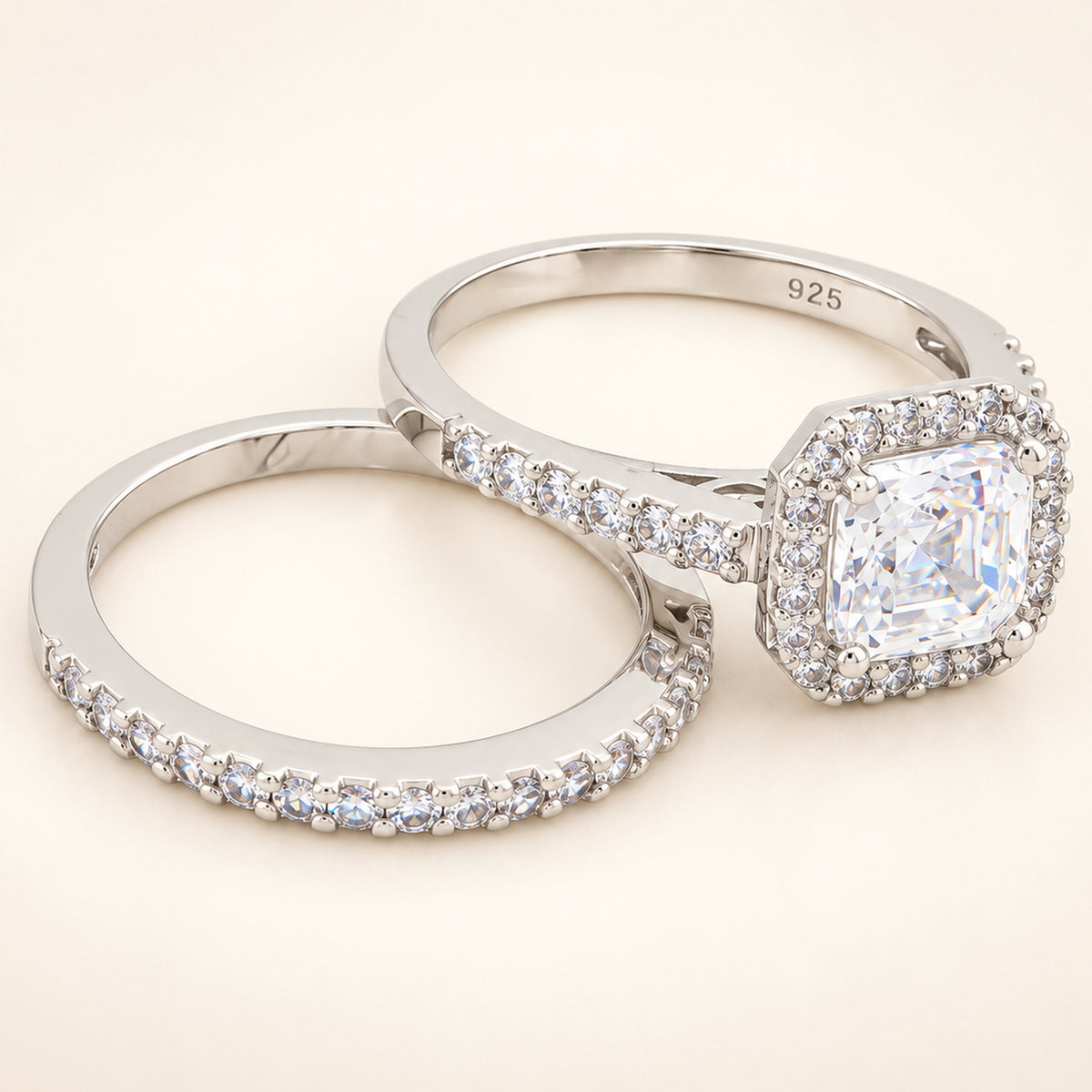 Princess Cut Halo Wedding Engagement Ring Set in Sterling Silver