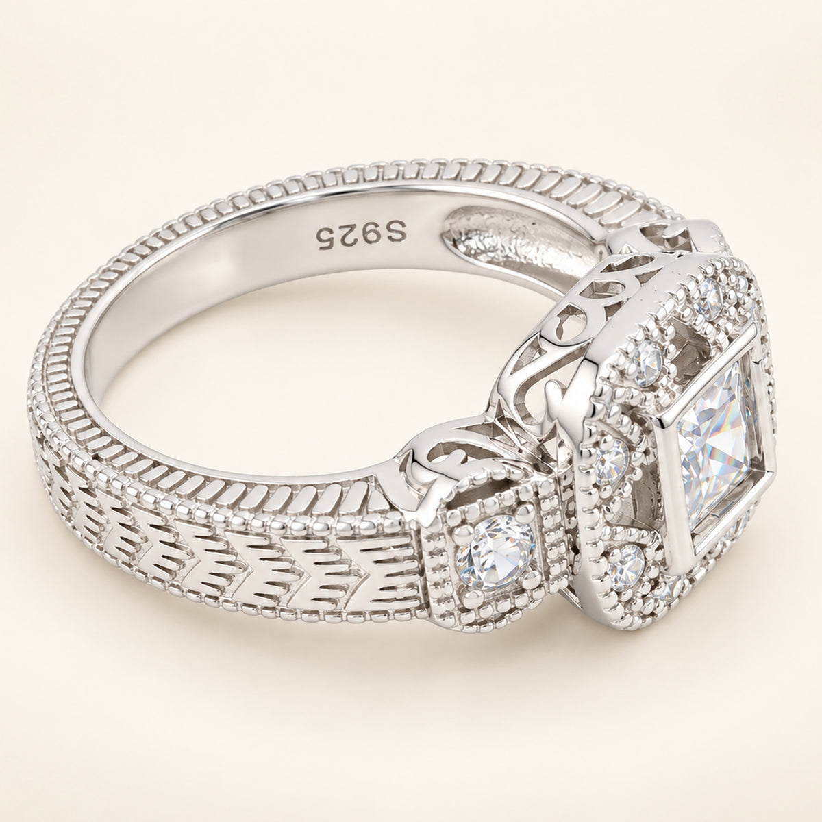 Vintage Design Cubic Zirconia Engagement Ring in Sterling Silver