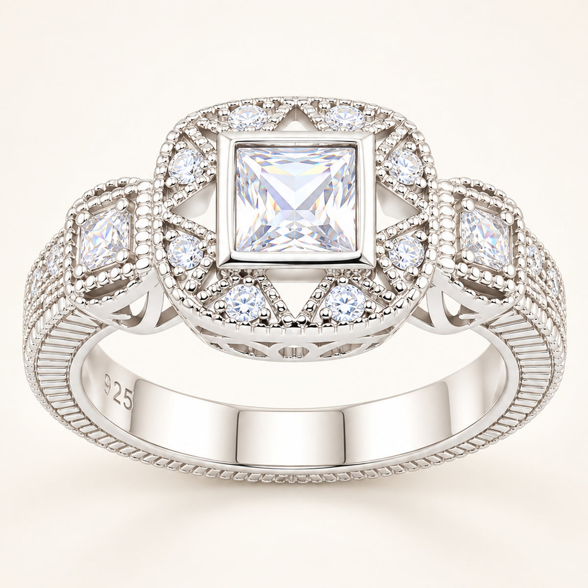 Vintage Design Cubic Zirconia Engagement Ring in Sterling Silver