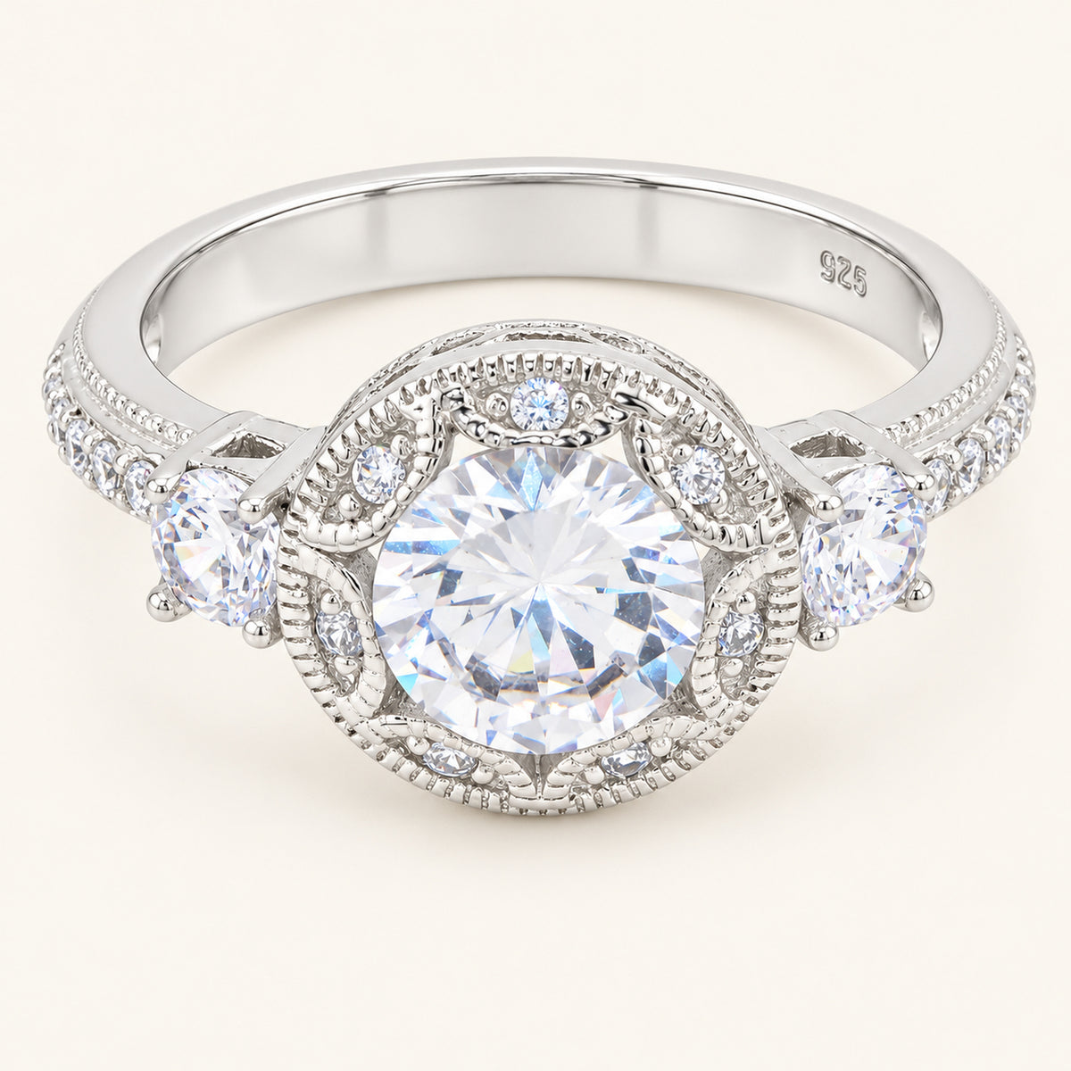 Vintage Design 1.5 Carat Cubic Zirconia Engagement Ring in Sterling Silver