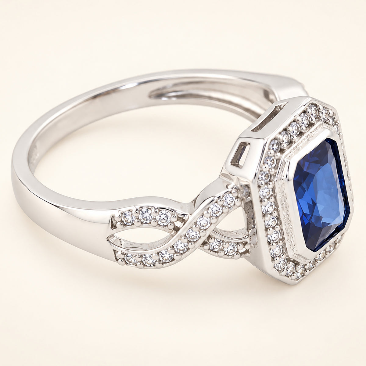 Simulated Blue Sapphire CZ Vintage Design Sterling Silver Ring