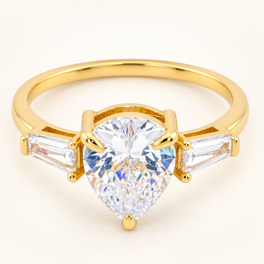 Pear Cut Cubic Zirconia Three Stone Gold Plated Silver Engagement Ring