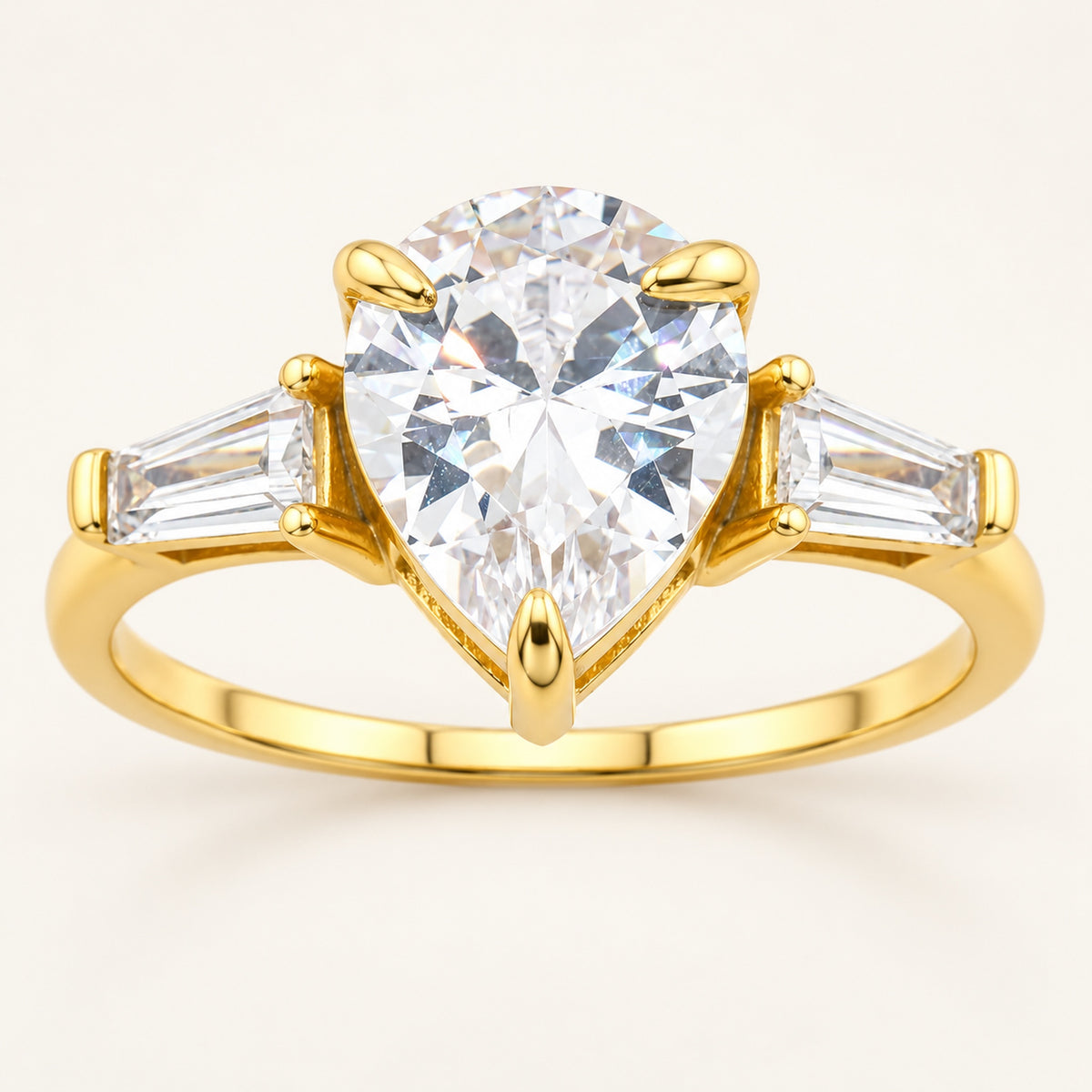 Pear Cut Cubic Zirconia Three Stone Gold Plated Silver Engagement Ring
