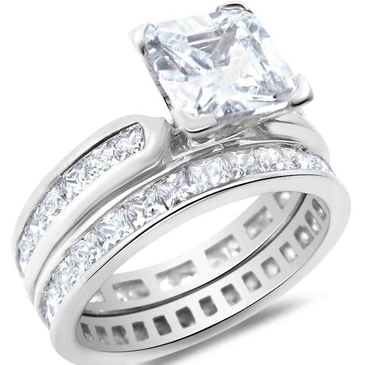 1.5 Carat Princess Cut CZ Eternity Setting Sterling Silver Wedding Ring Set