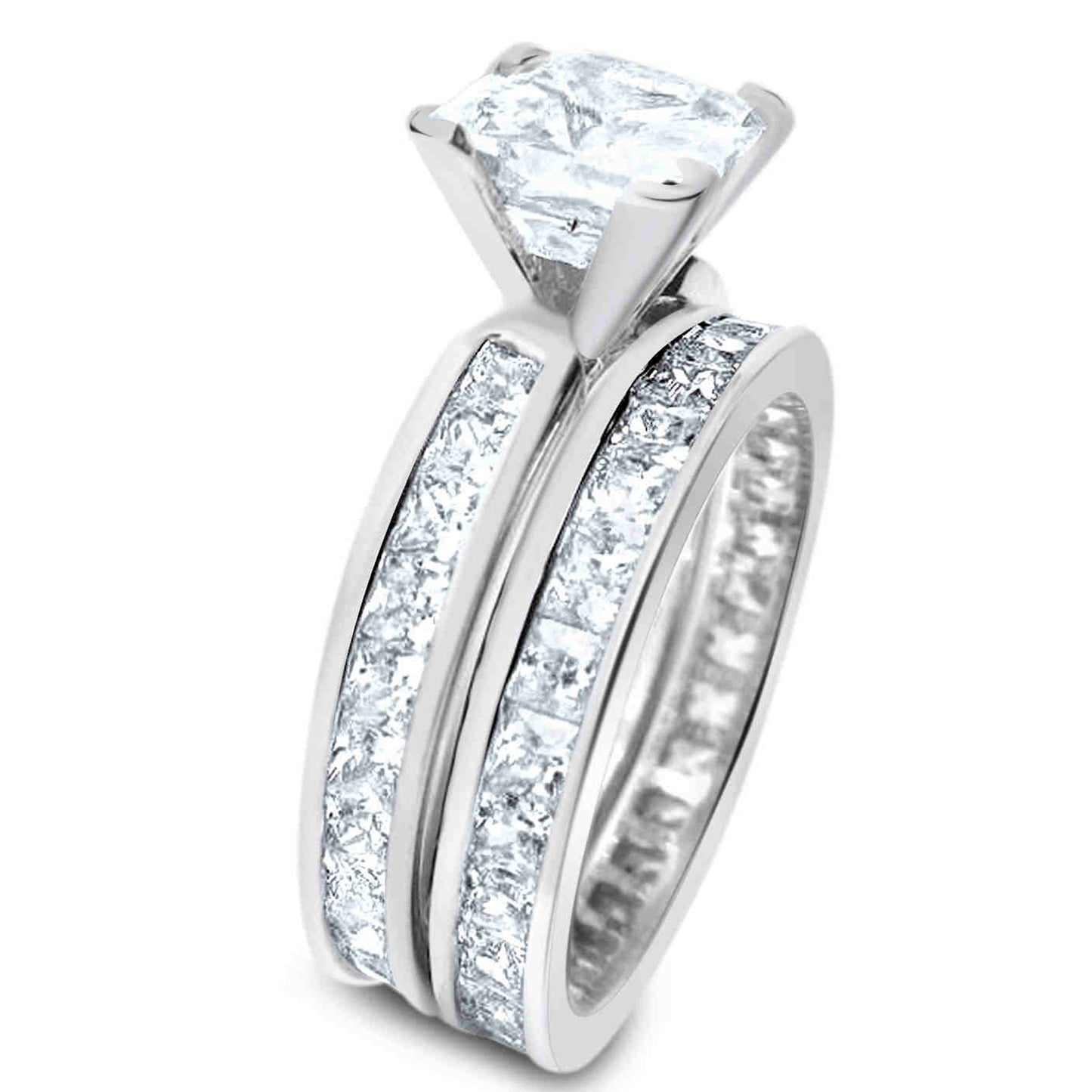 1.5 Carat Princess Cut CZ Eternity Setting Sterling Silver Wedding Ring Set