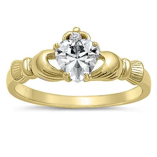 Yellow Gold plated Sterling Silver Claddagh Wedding Engagement Ring Set