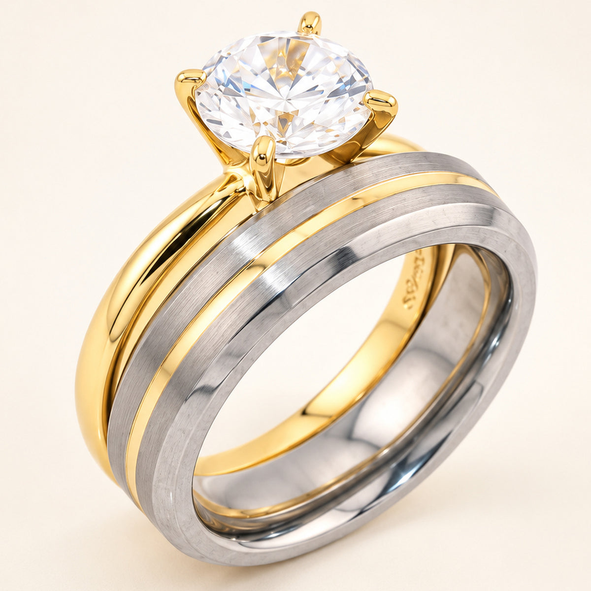 1 Carat Round Brilliant CZ Silver Engagement Ring with Titanium Wedding Band