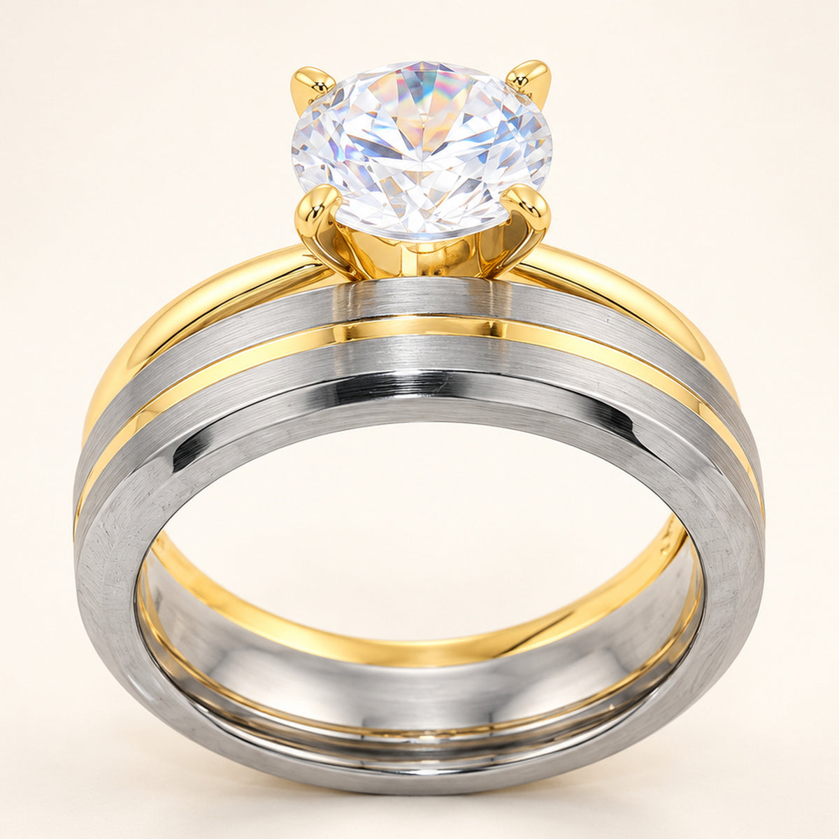1 Carat Round Brilliant CZ Silver Engagement Ring with Titanium Wedding Band