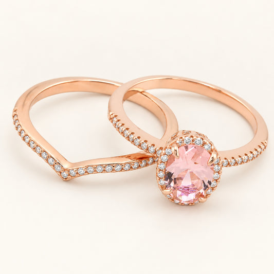 1 Carat Oval Hidden Halo Wedding Engagement Ring Set in Rose Gold Plated Silver