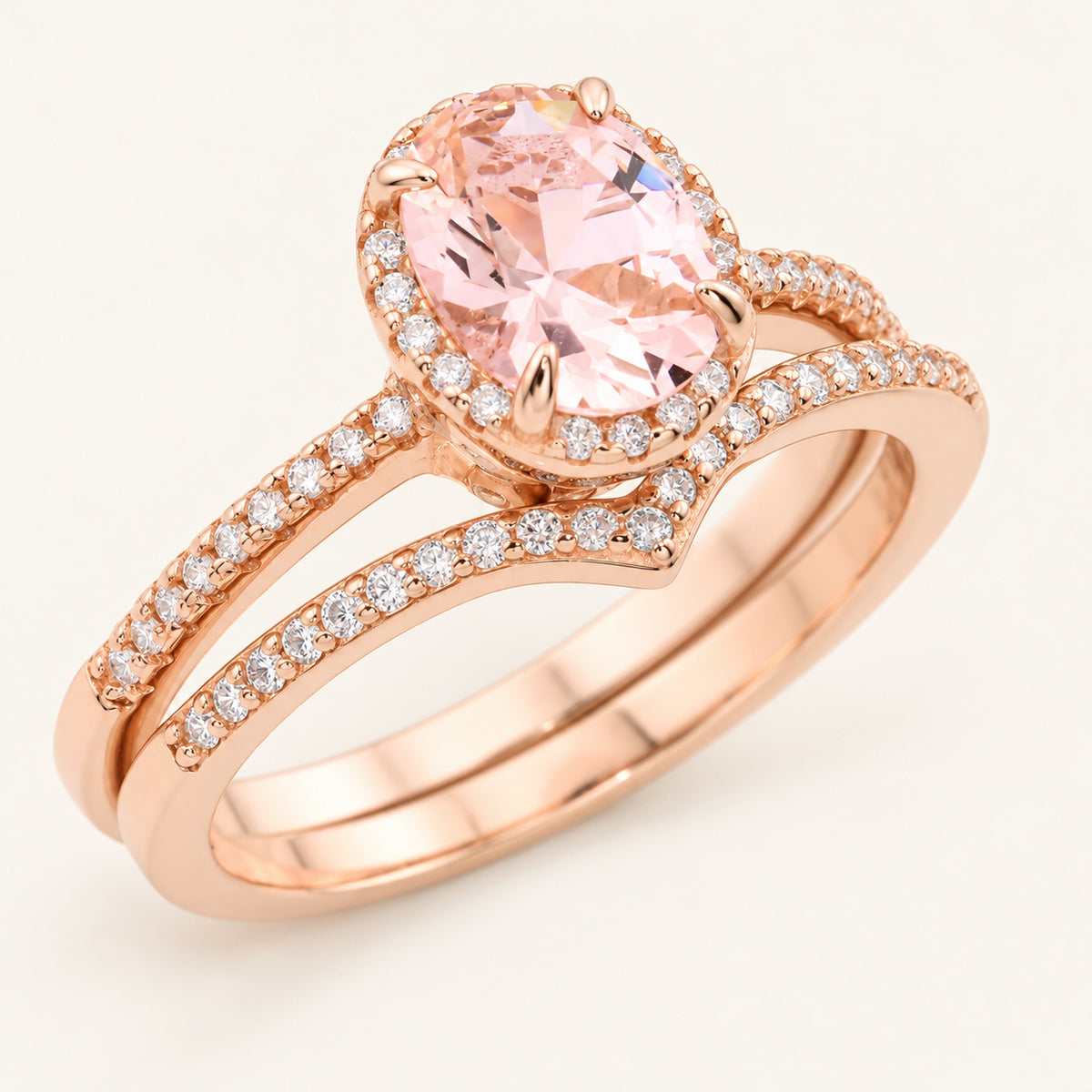 1 Carat Oval Hidden Halo Wedding Engagement Ring Set in Rose Gold Plated Silver