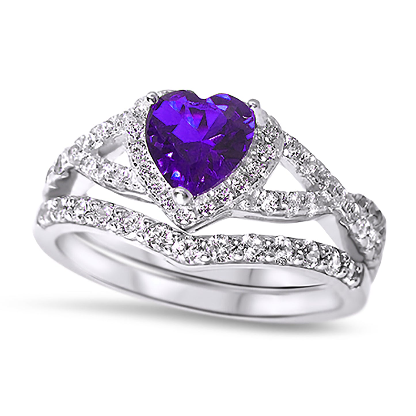 1 Carat Halo Heart Cut Purple CZ Wedding Ring Set in Sterling Silver