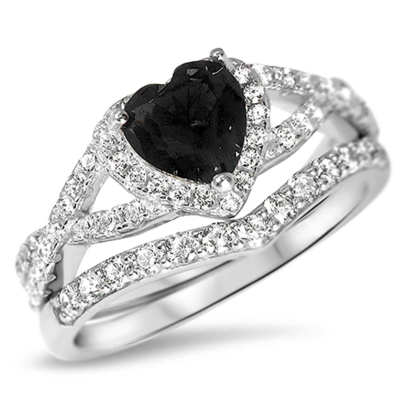 1 Carat Halo Heart Cut Black CZ Wedding Ring Set in Sterling Silver