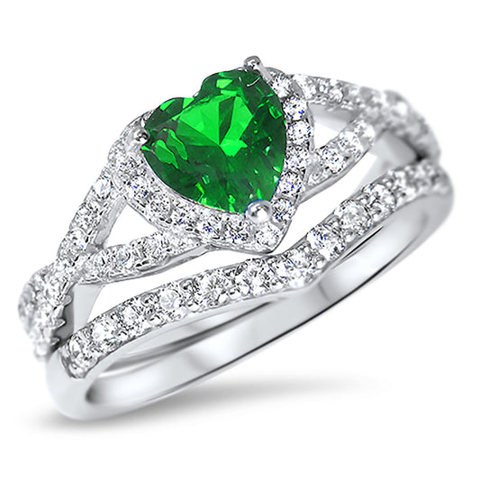 1 Carat Halo Heart Cut Green CZ Wedding Ring Set in Sterling Silver