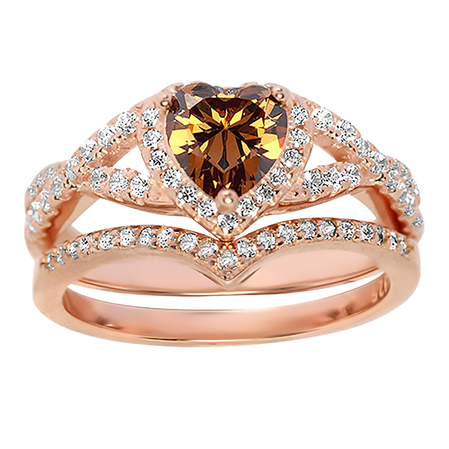 1 Carat Halo Heart Cut Coffee CZ Wedding Ring Set in Sterling Silver