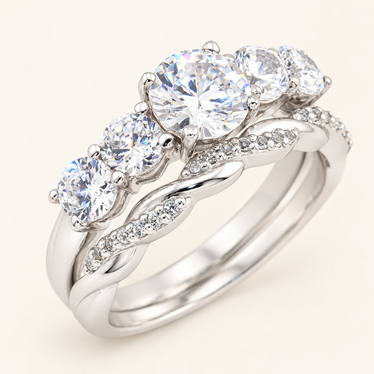 3/4 Carat Round Brilliant Cubic Zirconia Vintage Design Wedding Ring Set in Silver