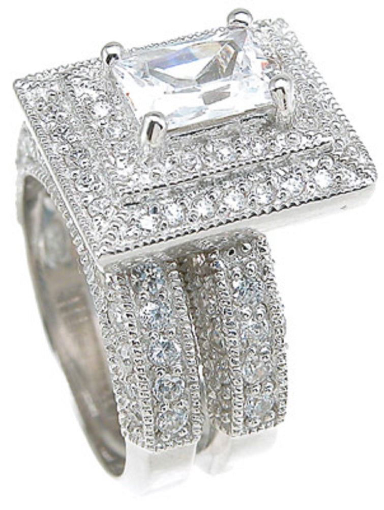 1.5 Carat CZ Vintage Style Sterling Silver Wedding Engagement Ring Set