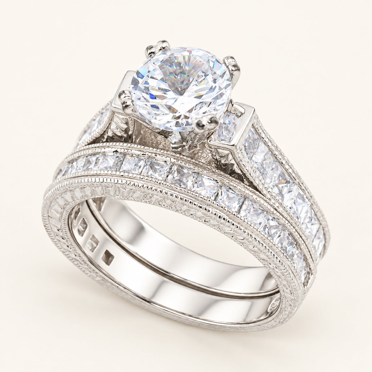 1.5 Carat Round Brilliant Cubic Zirconia Vintage Design Wedding Ring Set in Silver