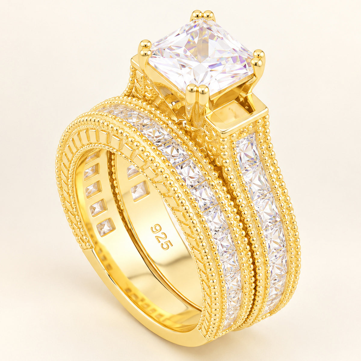 1 Carat Princess Cut Cubic Zirconia Wedding Engagement Ring Set Gold Plated Sterling Silver (Copy)