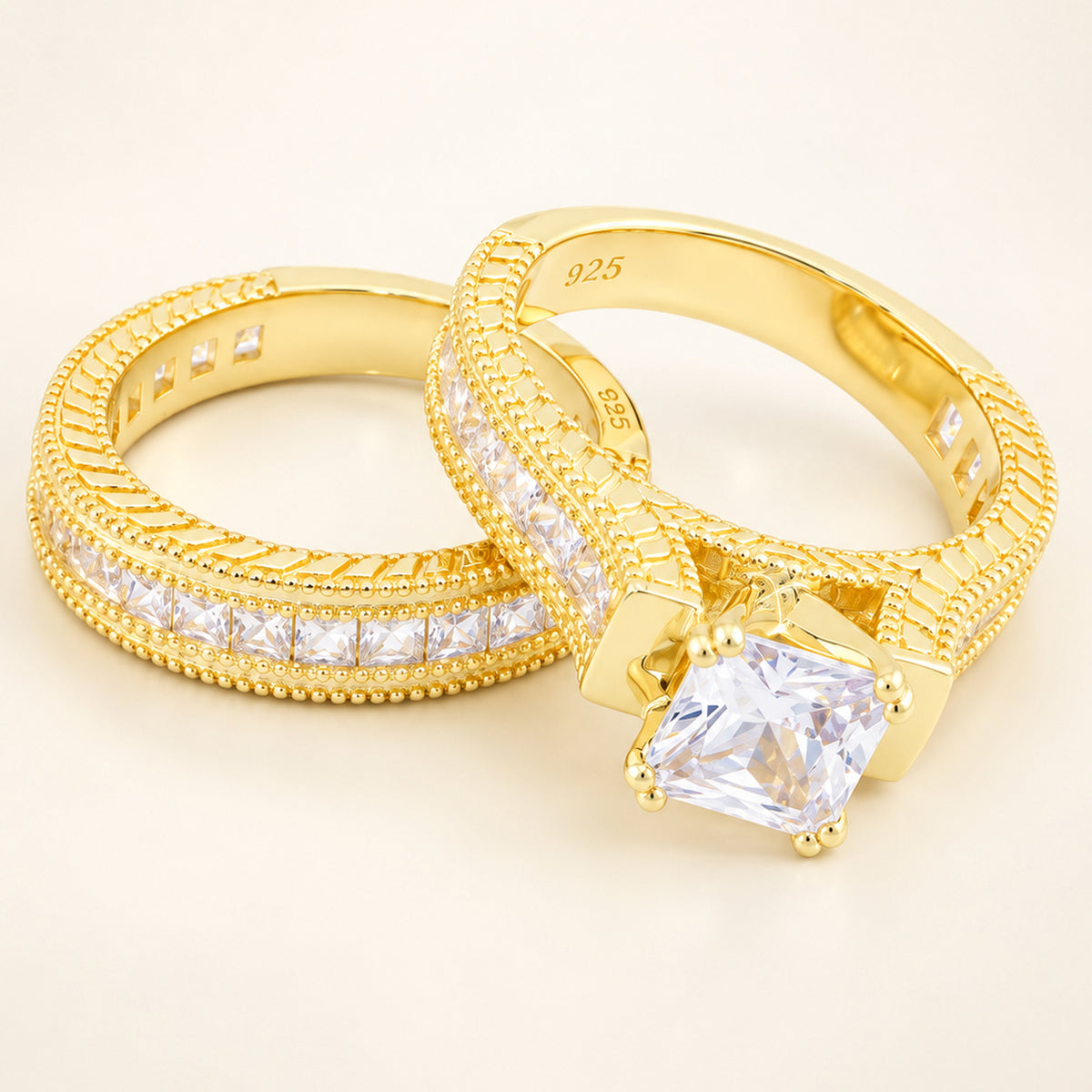 1 Carat Princess Cut Cubic Zirconia Wedding Engagement Ring Set Gold Plated Sterling Silver (Copy)