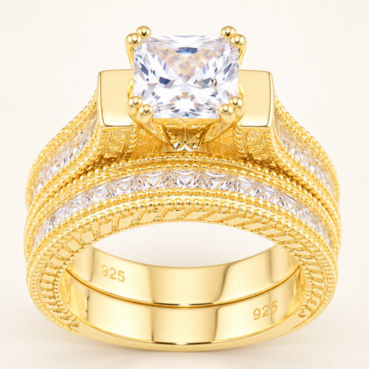 1 Carat Princess Cut Cubic Zirconia Wedding Engagement Ring Set Gold Plated Sterling Silver (Copy)
