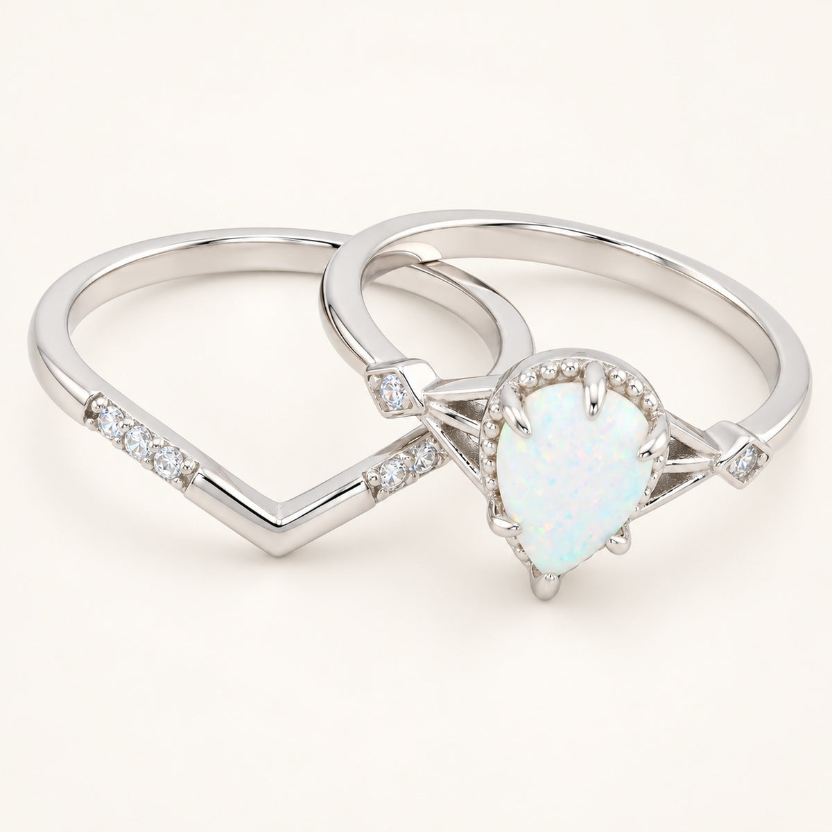 Pear Cut White Opal Wedding Engagement Ring Set Sterling Silver