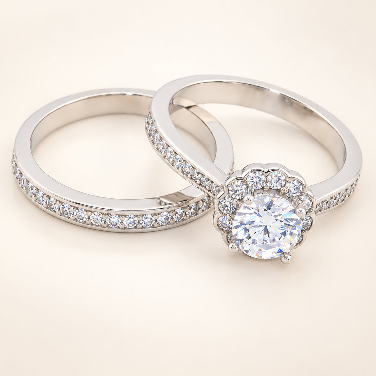 Round Brilliant Halo Wedding Engagement Ring Set for Women in Sterling Silver