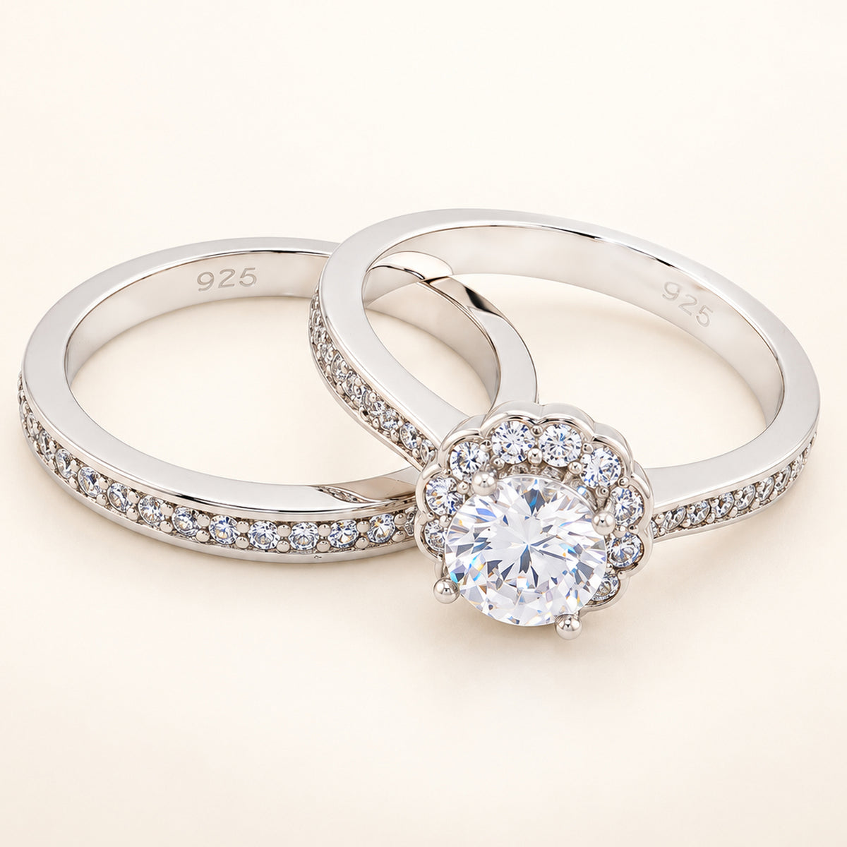 Round Brilliant Halo Wedding Engagement Ring Set for Women in Sterling Silver