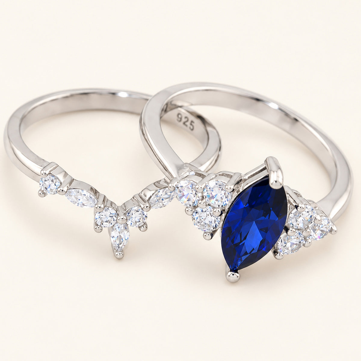Art Deco Simulated Sapphire Blue CZ Sterling Silver Bridal Ring Set