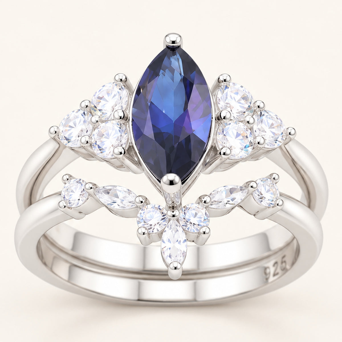 Art Deco Simulated Sapphire Blue CZ Sterling Silver Bridal Ring Set