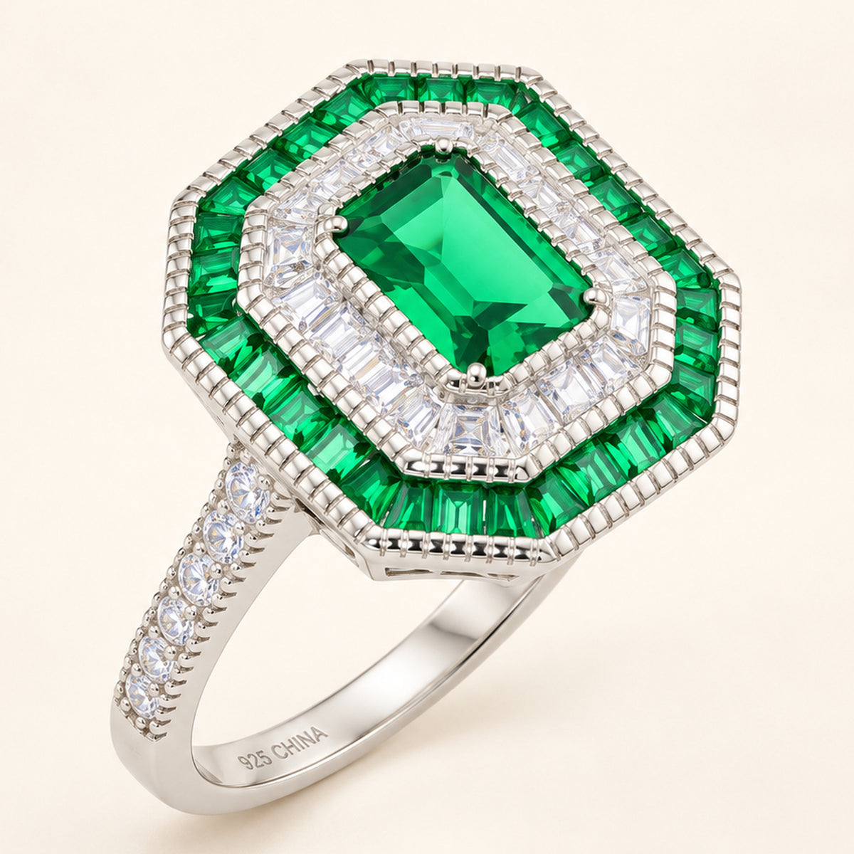Simulated Emerald 1 Carat Green Cubic Zirconia Vintage Engagement Ring