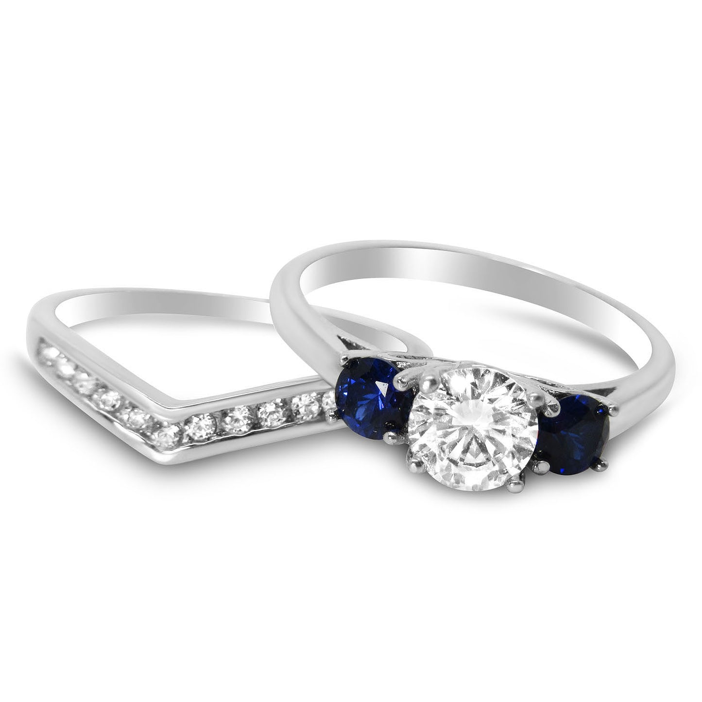 3 Stone Simulated Sapphire and CZ Sterling Silver Boston Setting Wedding Ring Set