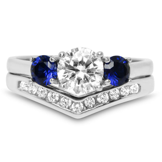 3 Stone Simulated Sapphire and CZ Sterling Silver Boston Setting Wedding Ring Set