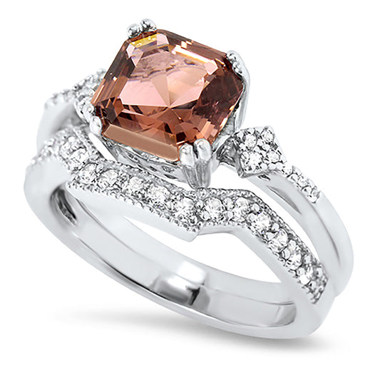 1 Carat Princess Cut Pink CZ Simulated Morganite Wedding Engagement Ring Set
