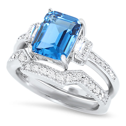 1.5 Carat Blue Topaz Color CZ Silver Wedding Engagement Ring Set