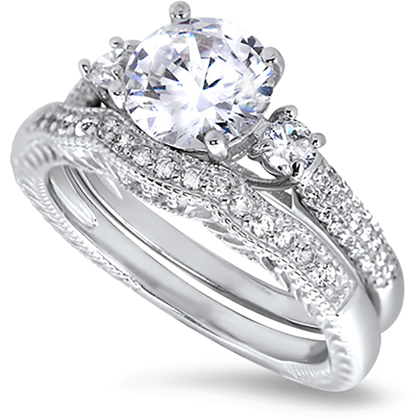 1.5 Carat Round Cut White CZ Three Stone Silver Wedding Engagement Ring Set