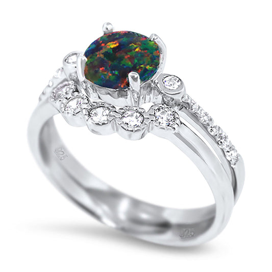 1 Carat Fire Opal Sterling Silver Wedding Engagement Ring Set