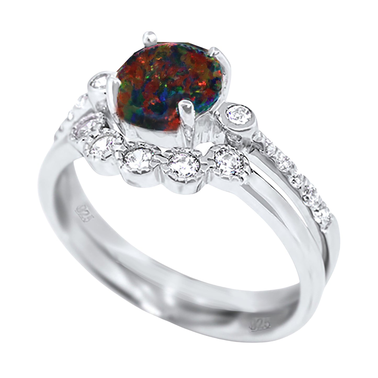 1 Carat Fire Opal Sterling Silver Wedding Engagement Ring Set