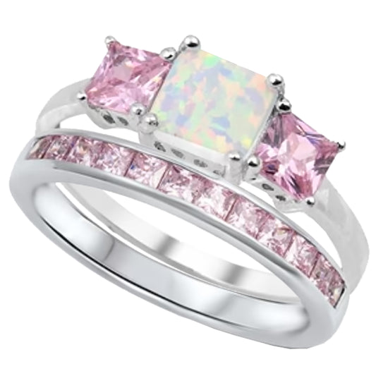 1.5 Carat Lab Created Opal and Pink CZ Silver Wedding Ring Set