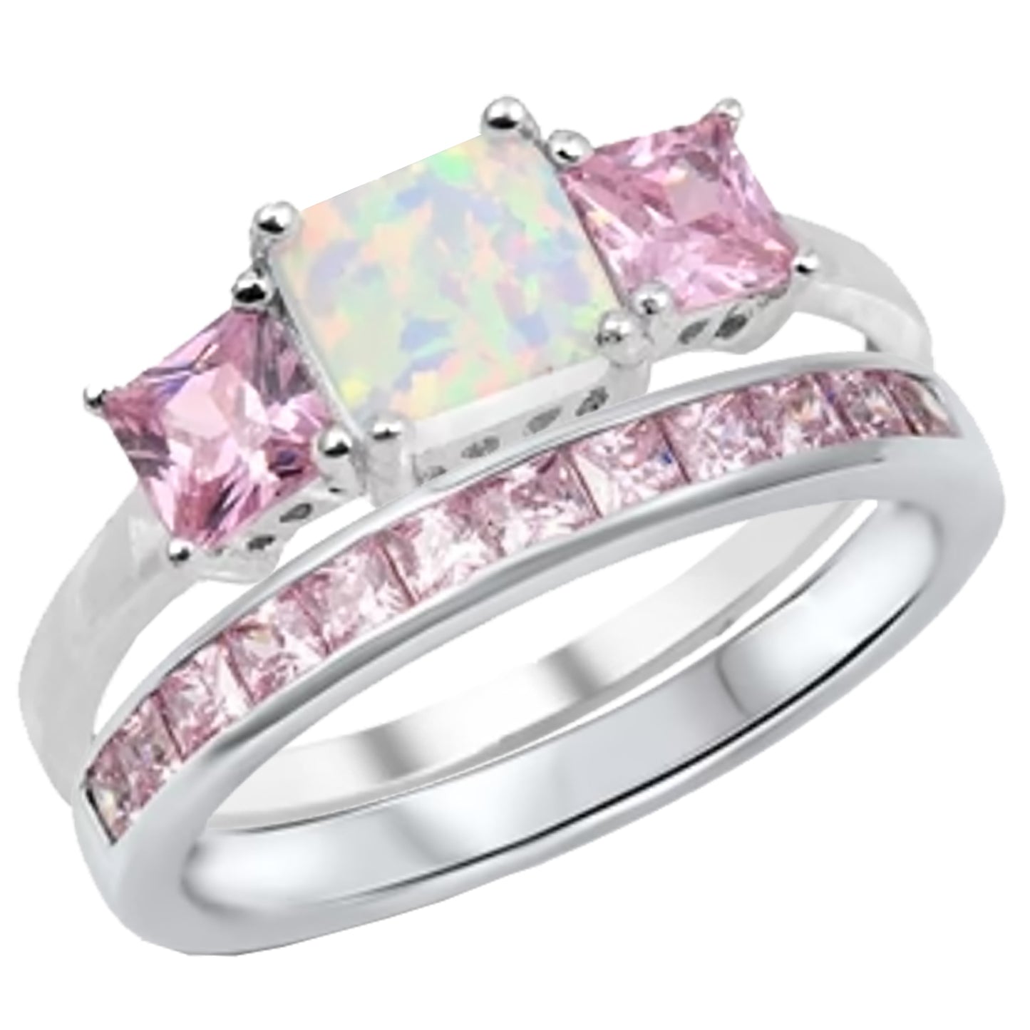 1.5 Carat Lab Created Opal and Pink CZ Silver Wedding Ring Set