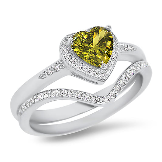 1 Carat Heart Cut Peridot Color CZ Sterling Silver Wedding Ring Set